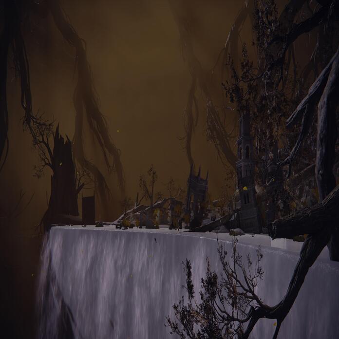 Разрушенный город с бесконечным водопадом