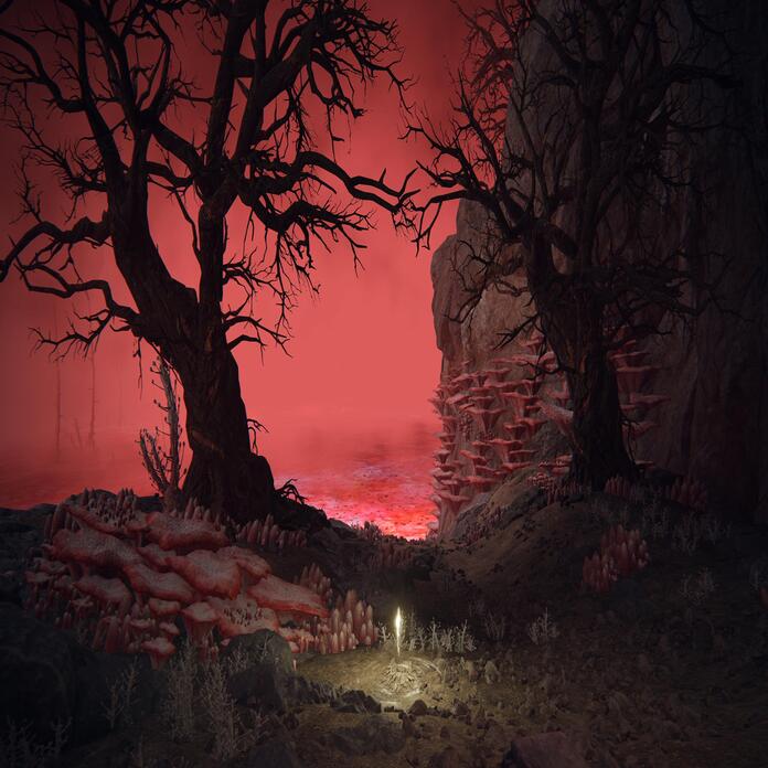 Кроваво-красное озеро с грибными наростами